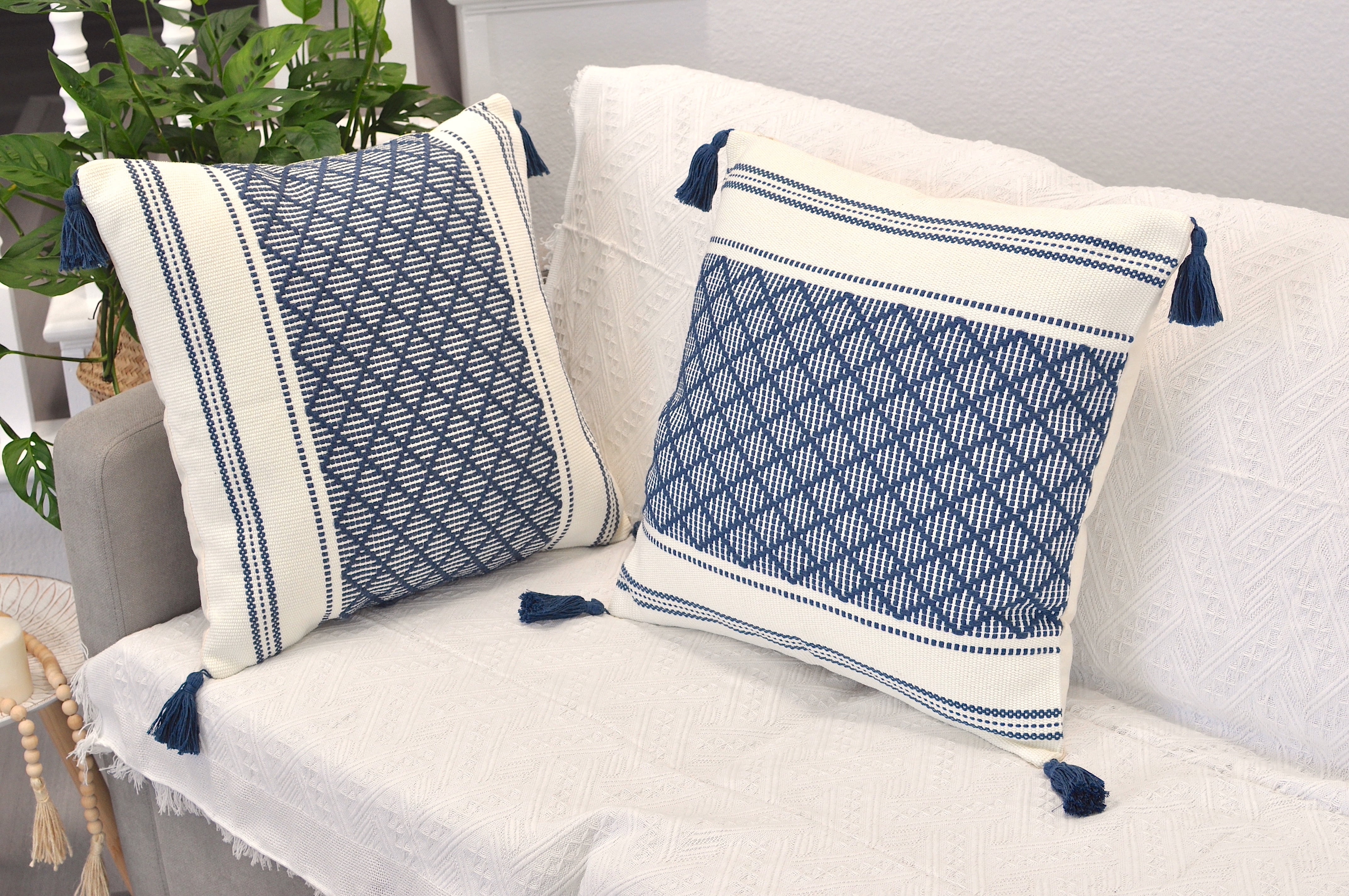Throw Pillow Covers With Boho Tassels Navy Blue & Off White 16x16 inch - Set of 2 / Decorative Living Room Cushion Covers / Farmhouse Designer Woven PillowCases/ Modern Accent Cushion Covers
