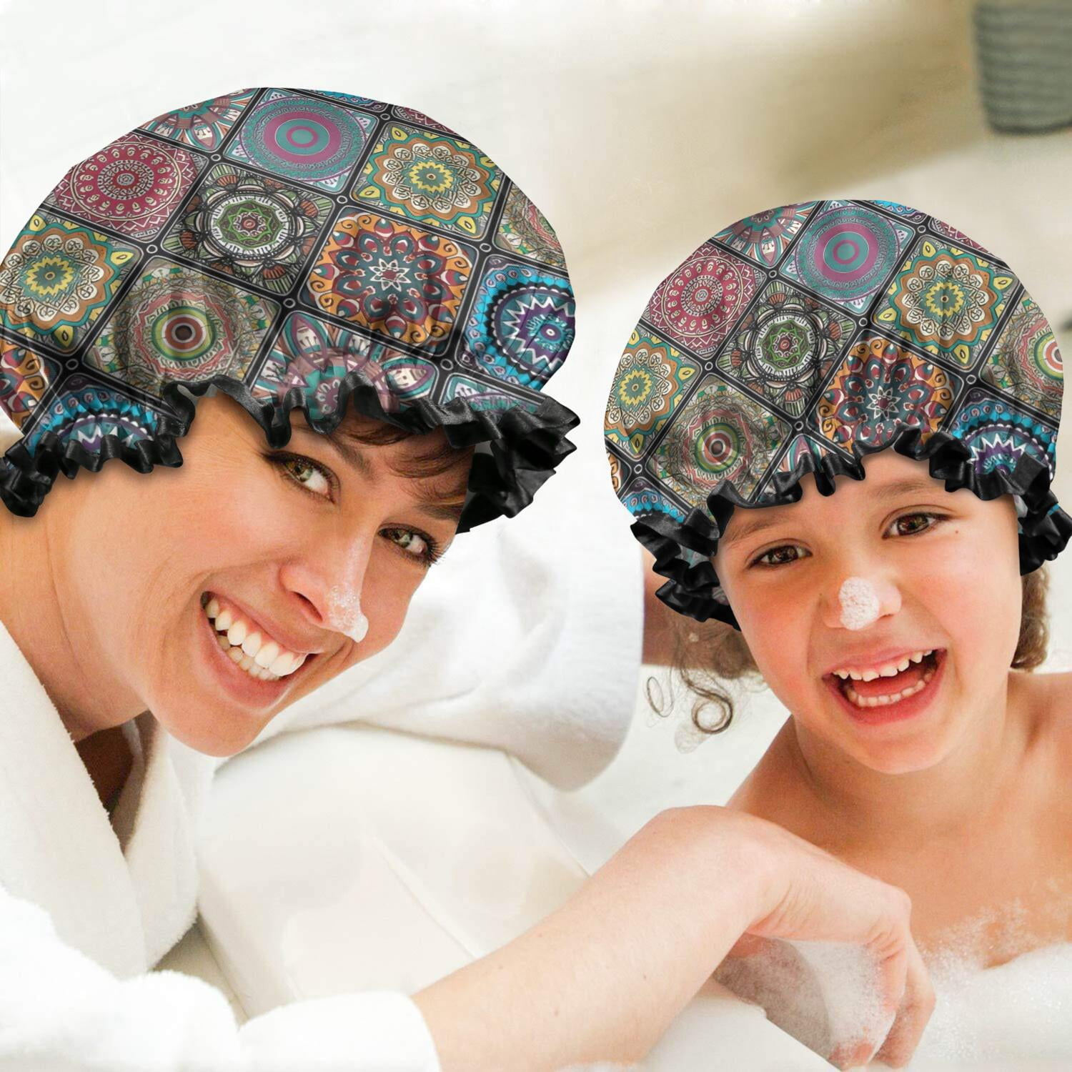Shower Caps,Multicolor Ethnic Mandala Pattern Waterproof Shower Cap for Women 4 Pieces,Double Reusable Hair Cover for Shower PEVA Elastic Stretch Hem