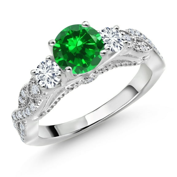 Gem Stone King 925 Sterling Silver Green Created Emerald White Lab Grown Diamond and White Moissanite Engagement Ring for Women (1.47 Cttw, Gemstone May Birthstone, Round 6MM and 3MM, Size 7)