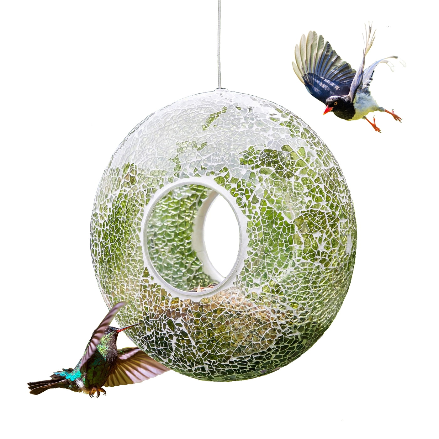 Topadorn Iridescent Mosaic Glass Hanging Bird Feeder, 9 Inch Fly-Through Design for Cardinals, Finches & Wild Birds, Green & Pink Tones, Garden Yard Decoration