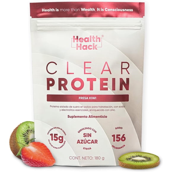 Clear Protein, Proteína En Polvo Refrescante con Electrolitos | Whey Aislada de Suero de Leche Dulce Sin Azúcar | 15g por Porción Sabor Fresa Kiwi | Bebida Clear Protein Water Ligera | Health Hack