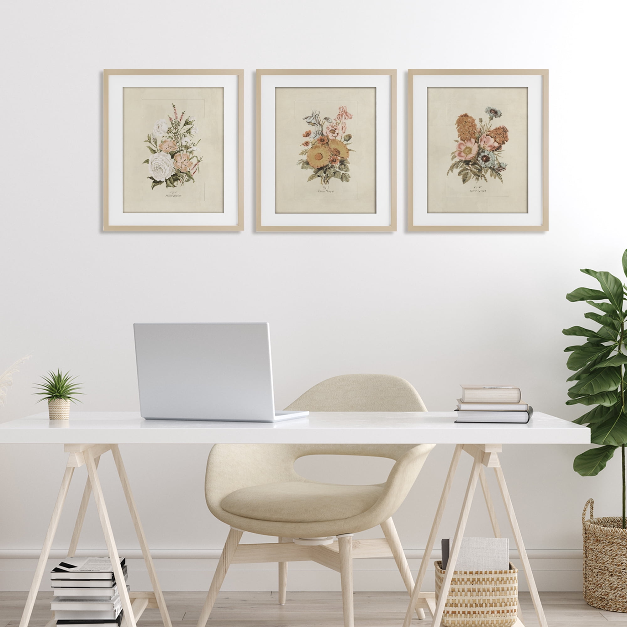 Stupell Industries Neutral Bouquet Studies 3 Piece Birch Framed Print Under Glass Set, design by Dan Meneely