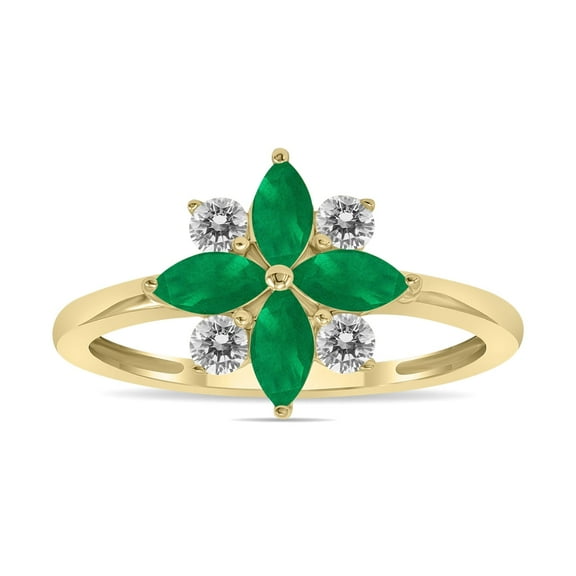 SZUL Women's 3/4 Carat TW Emerald and Diamond Flower Ring in 10K Yellow Gold