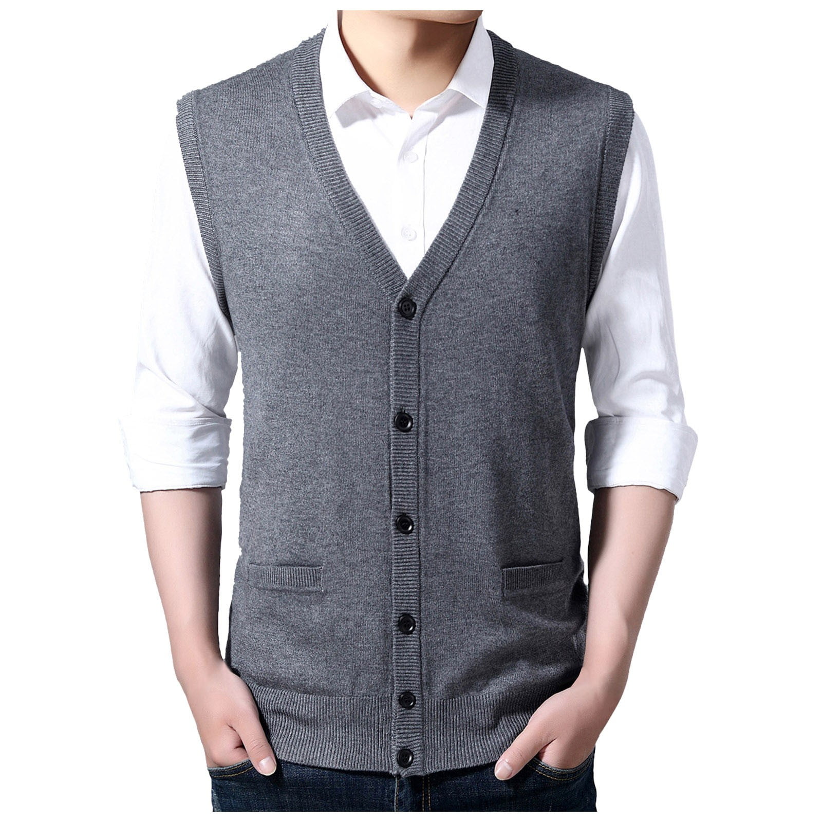 SHIXIAOO Male Autumn and Winter Buckle Sweater Vest Vest V Neck