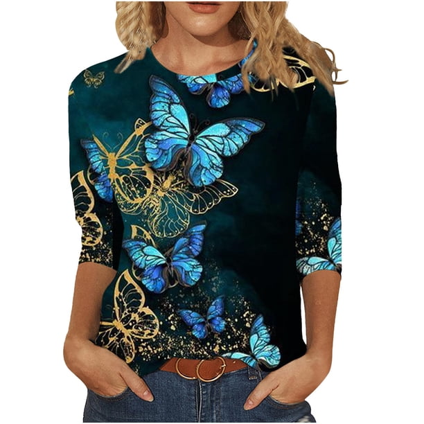 Mujeres 3/4 mangas camisas casuales pulóver suelta túnica Tops estampado O-cuello blusa Fridja hkj680