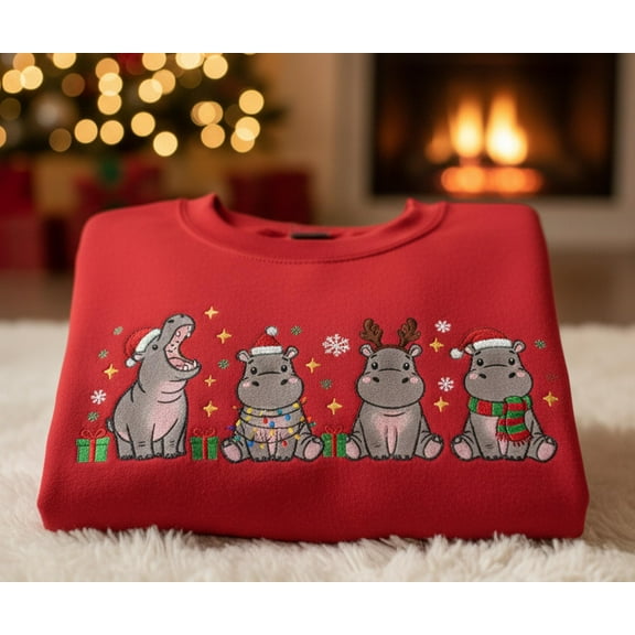 Hippo Christmas Embroidered Sweatshirt, Funny Holiday Animal Sweater, Cute Xmas Shirt for Women, Hippopotamus Lover Gift