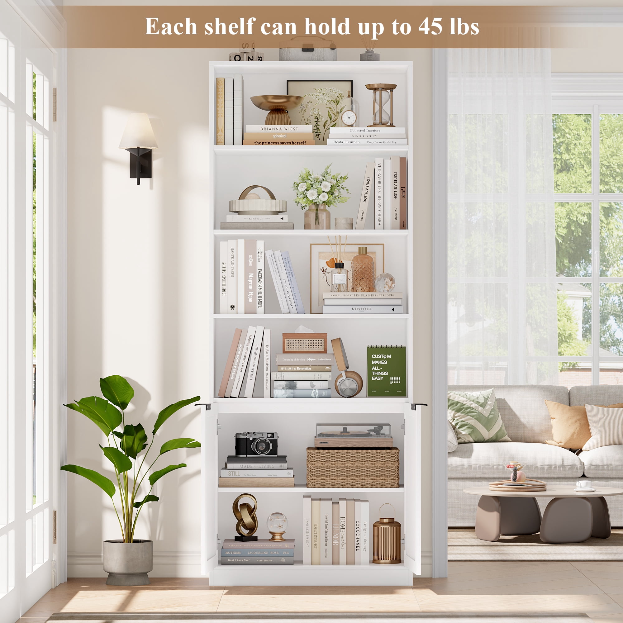 Hiphuta 73" Tall 6-Tier Bookcase with Cabinet, 26" Wide Minimalist Single Row Bookshelf with 2 Doors and 4 Open Shelves, for Office Living Room, White