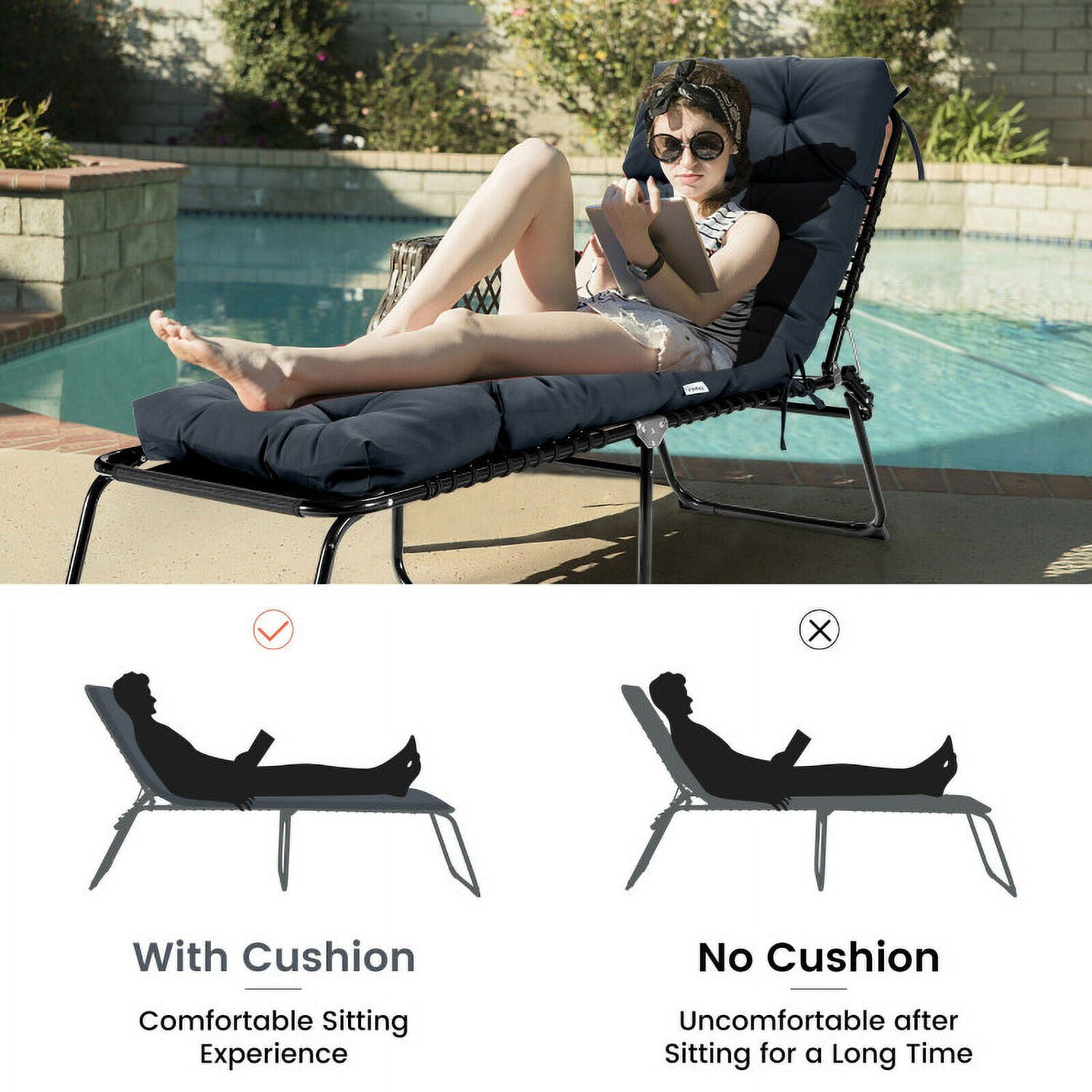 Aimee Lii Outdoor Lounge Chaise Cushion with String Ties for Garden Poolside, Gray