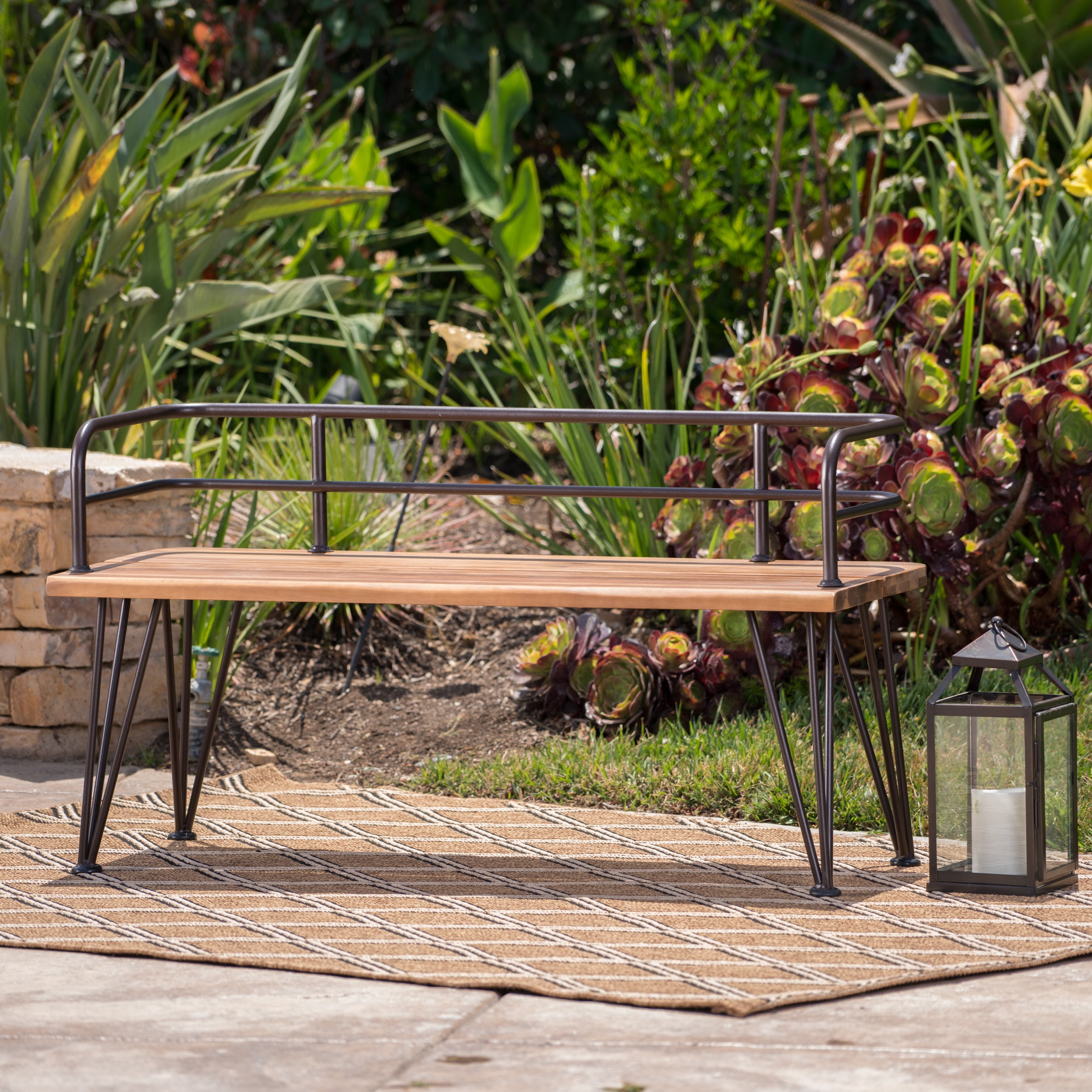 Euroco Rustic Acacia Wood Outdoor Bench with Powder-Coated Iron Frame, Patio Garden Seating