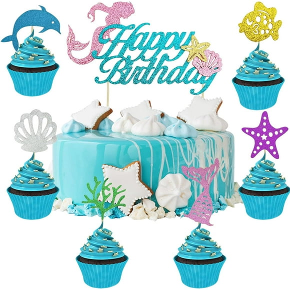 ZOUSSIQI 14 PCS Mermaid Happy Birthday Cake Topper, Glitter Mermaid Cake Sea Decoration Seashell Cake Topper Mermaid Tail Cake Topper Mermaid Party Suppliess CA919-93357