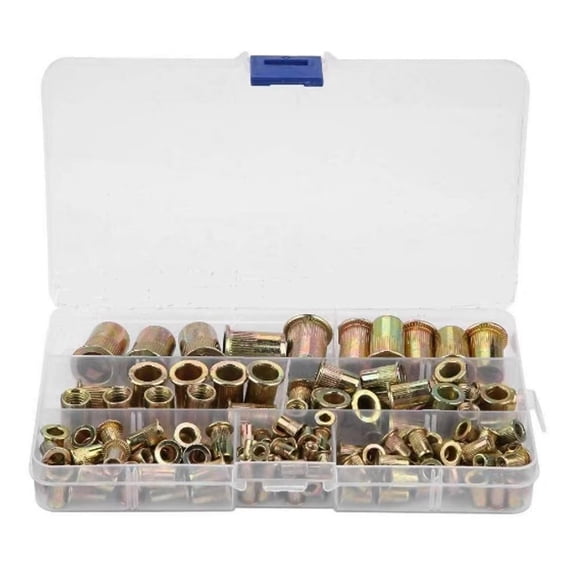 Shininglove 175 Pcs Carbon Steel Rivet Nut Kit, Flat Head Threaded Insert Nut Assorted in M3 M4 M5 M6 M8 M10 M12 with Storage Case