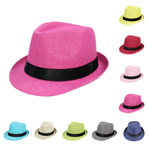 GPOECD Men Women Casual Straw Fedora Sun Hat with Short Brim for Outdoor Beach Activities Hot Pink,One Size