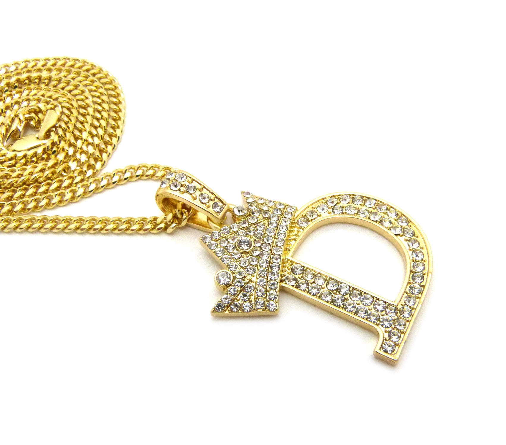 Stone Stud Allover Tilted Crown Initial D Pendant w/ 3mm 24" Cuban Chain Necklace, Gold-Tone