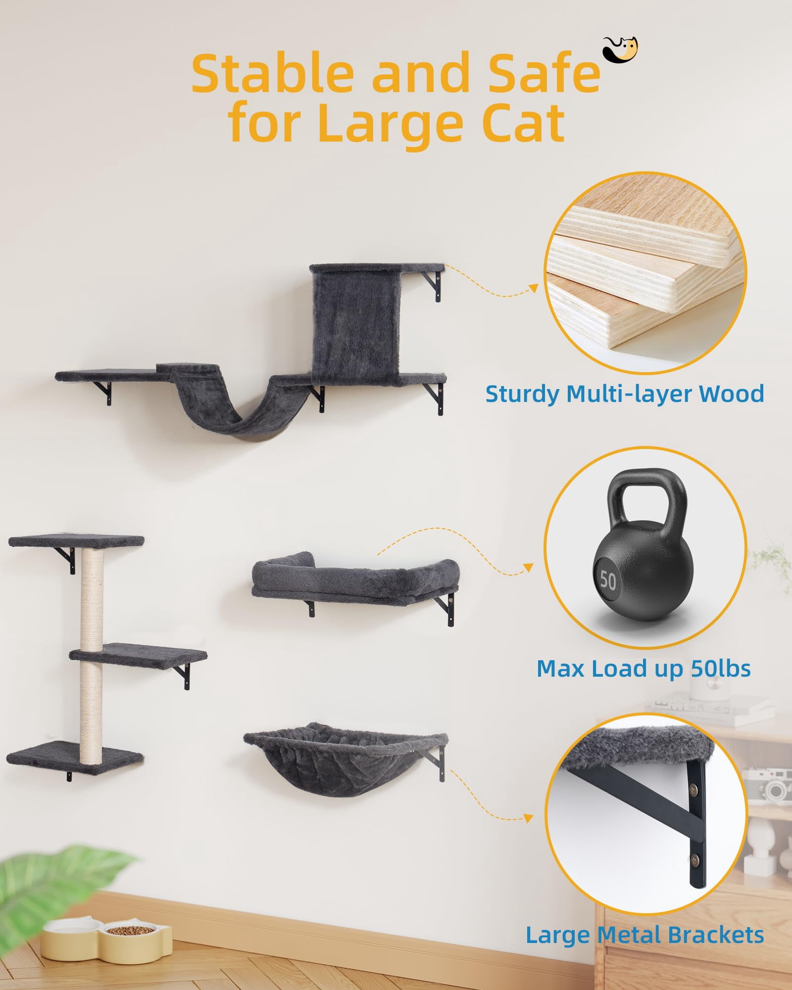 Wall-Mounted Cat Climbing Set 5-in-1 Perch and Hammock for Indoor Adult Cats