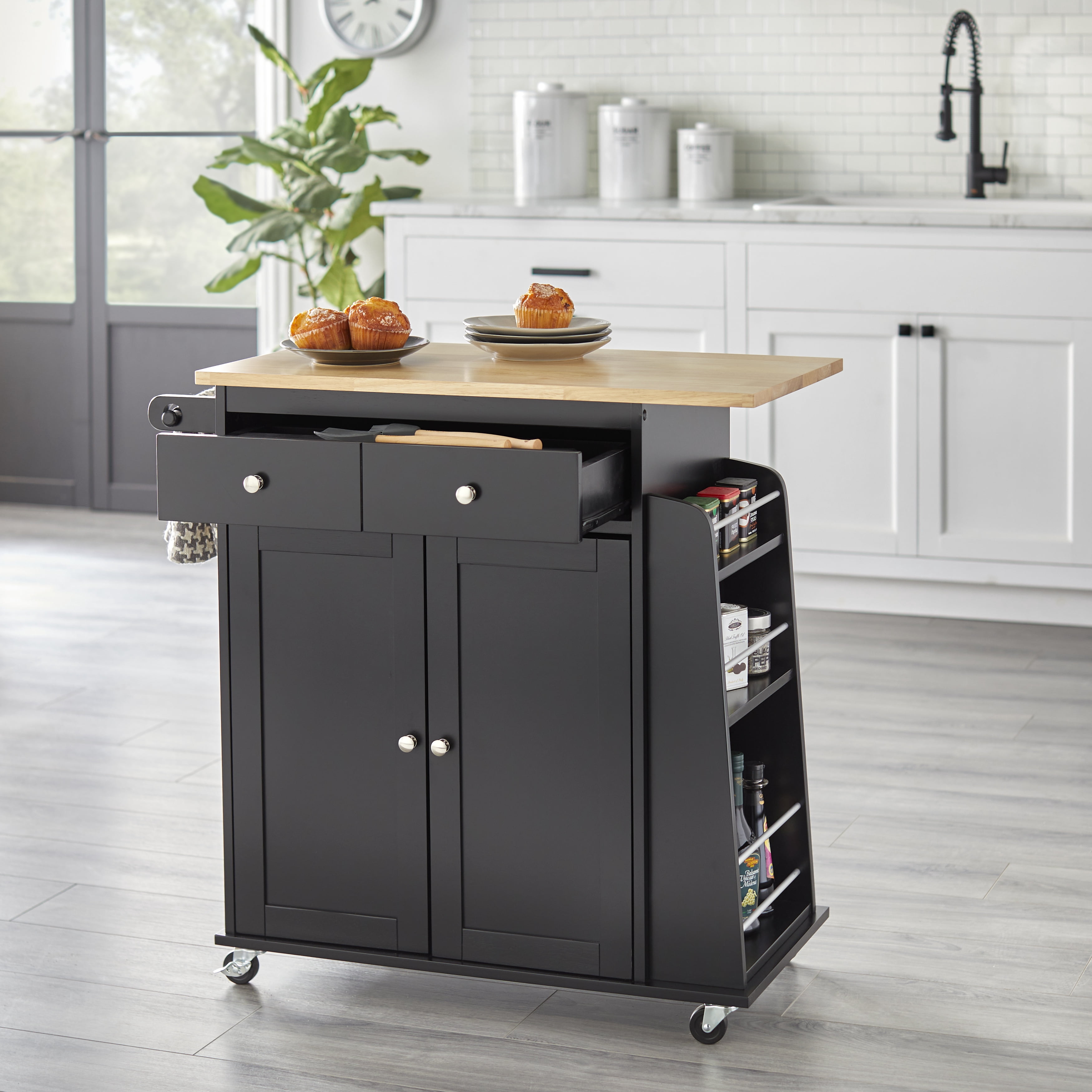 TMS Sonoma Buther Block Rolling Kitchen Cart with Adjustable Shelves, Drawer, Towel Rack, and Spice Rack, Black