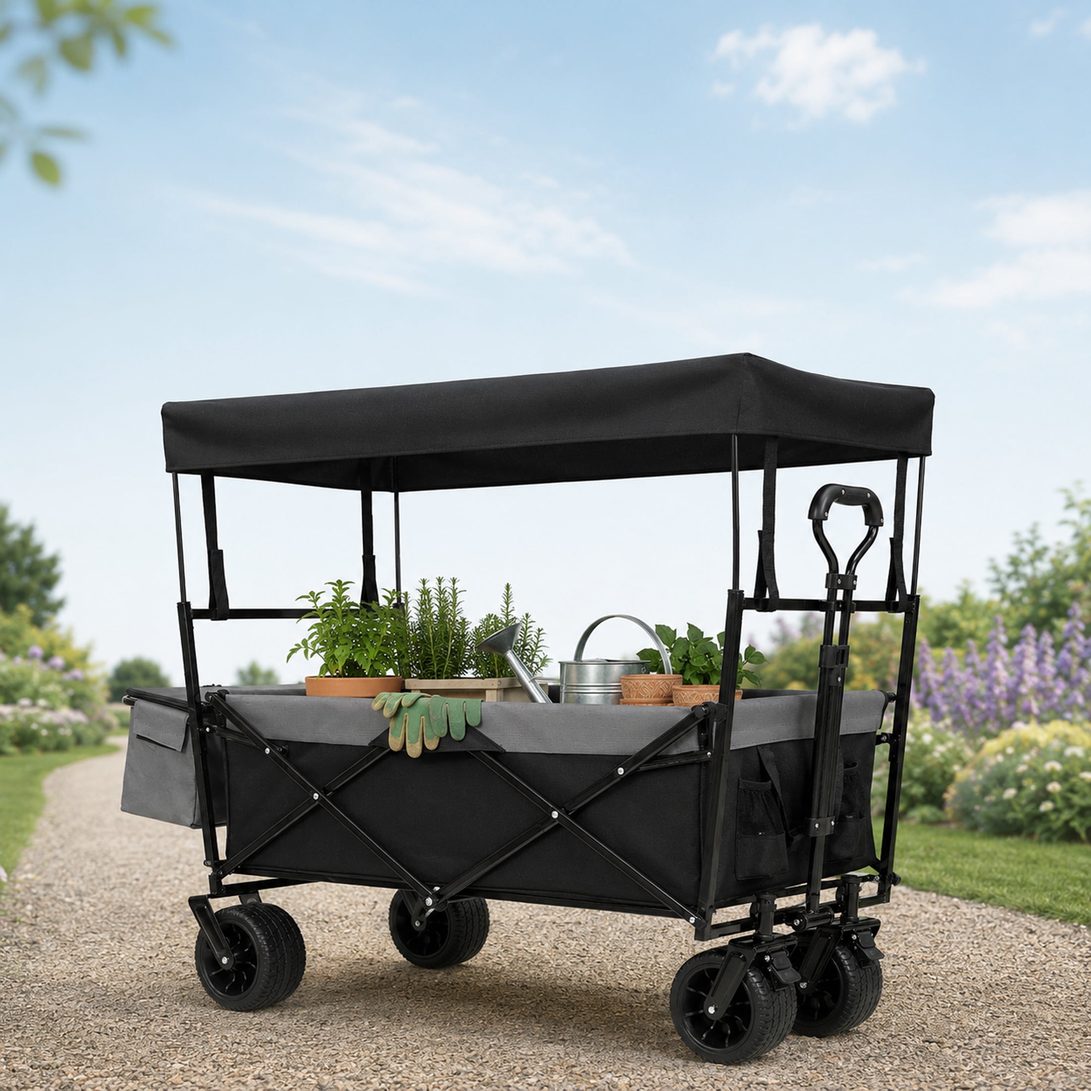 Heavy Duty Folding Wagon with Canopy, 480 lbs Collapsible Wagon Stroller with Mosquito Net, 7"x4" All-Terrain Wheels for Camping, Garden, Black