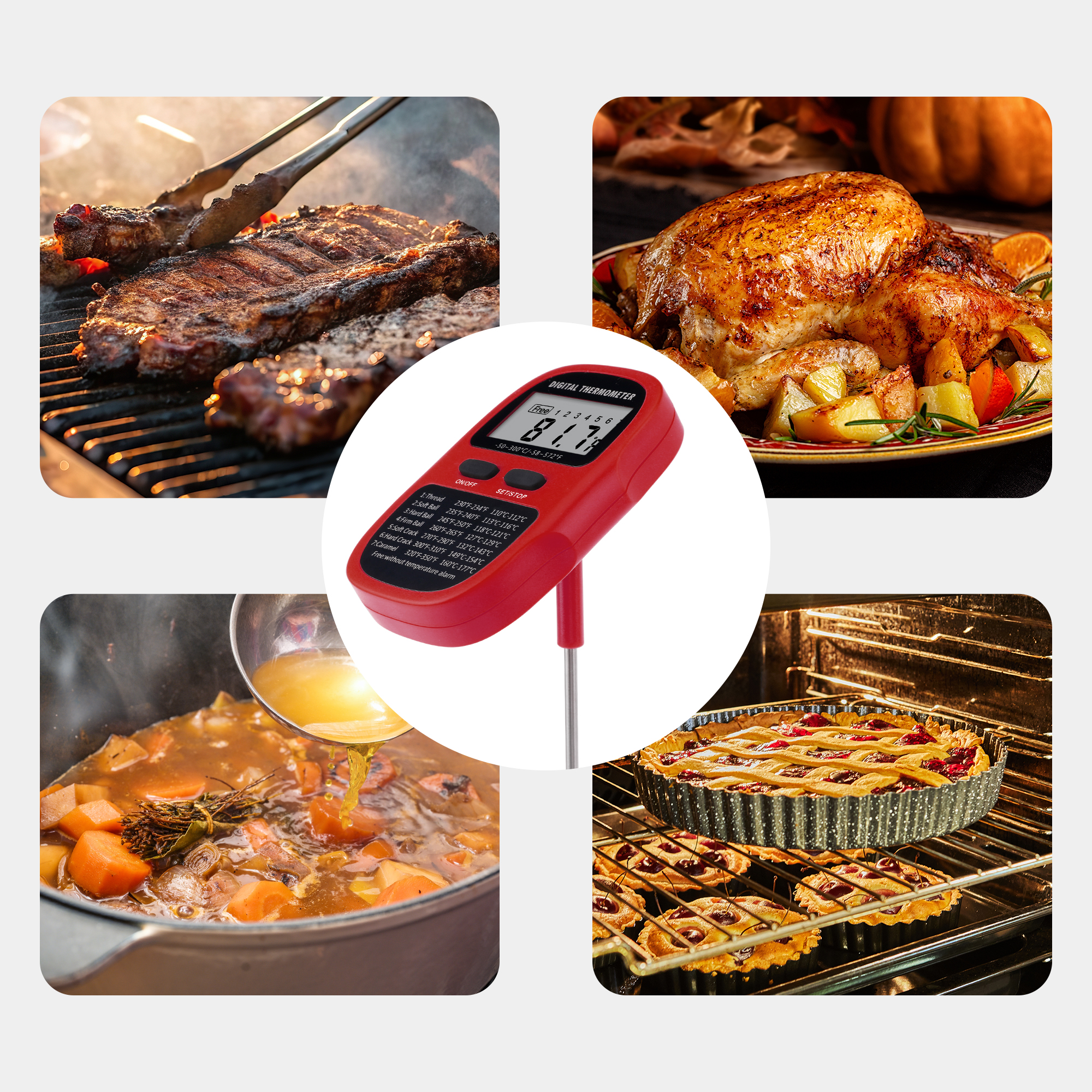 Digital Meat Thermometer, Instant Read Food Thermometer with Clip, Cooking Thermometer for Home and Kitchen, Outside, Smoker Red 9.5in