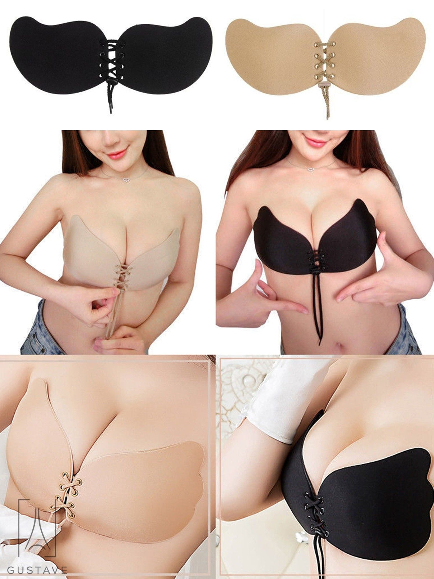 Gustavedesign Women's Strapless Backless Self Adhesive Bra Push Up Silicone  Invisible Bras with Drawstring Suit For Dress Wedding Party A Cup, Nude