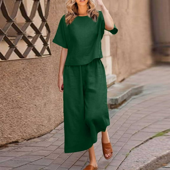 BLTIBY 2 Piece Sets for Women Summer Solid Color Loose Short Sleeve Round Neck Shirts Wide Leg Pant Matching Set Plus Size Vacation Outfits 2025 Army Green 4XL
