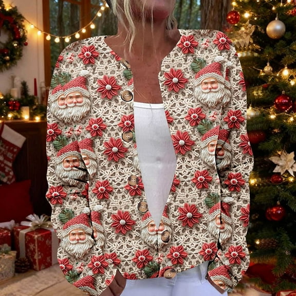 Coats for Women Merry Christmas Cardigan Long Sleeve Hollowed Out Print Casual Jacket,Womens Coats Plus Size Red XXXXXL