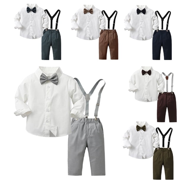 CSCHome - Conjunto de 2 piezas de trajes formales de caballero para niños pequeños de 6 a 12 años, conjunto de esmoquin para bebé, camisa corta con pajarita y pantalones con tirantes, atuendo elegante