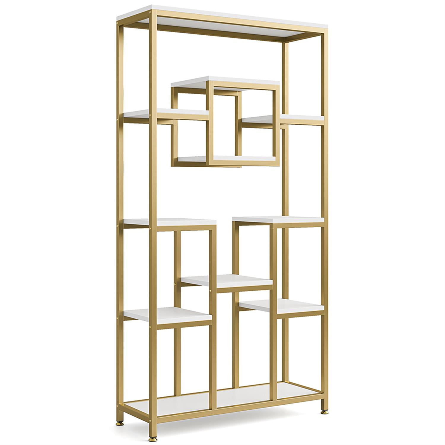Demi Bonn 11 Tier Bookshelf, Wood and Metal Bookcase Storage Organizer, 71" Tall Display Standing Shelf Unit for Bedroom, Living Room, Gold