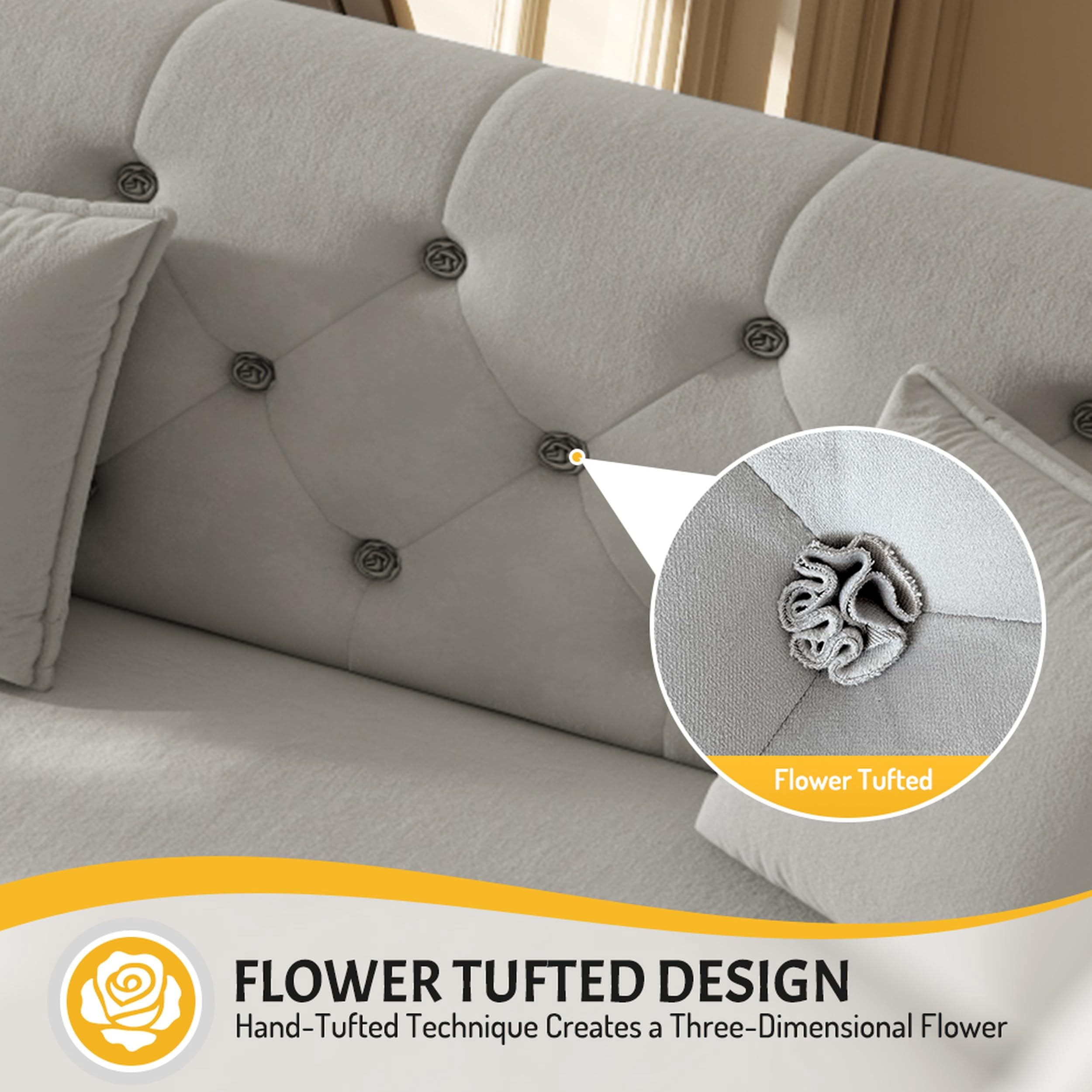 100" Oversize Light Grey Velvet Sofa Bed, Convertible Sleeper Loveseat with Handmade Flower Tufted Design, Multi-Functional 4-Seater for Living Room, Bedroom, Apartment