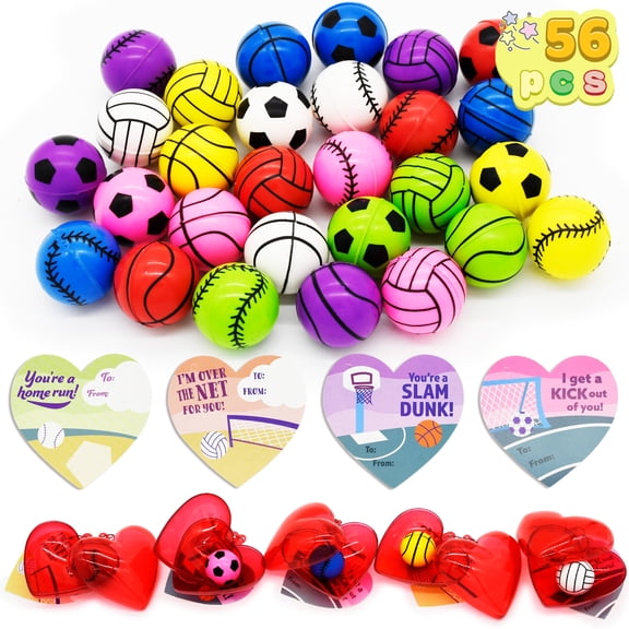Joyfy 56 Pcs Valentines Day Cards Set for Kids (28 Bouncy Ball and 28 Cards),Prefilled Hearts with Sports Basketball Ball or Valentines Day Gifts for Kids Boys,Valentine Class Gifts Exchange Prizes