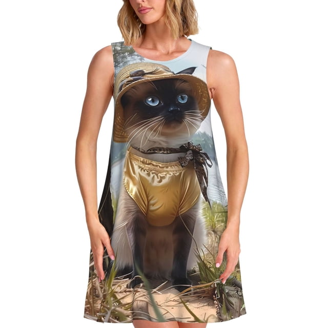 Easygdp Cat In Sun Hat para Vestido Transpirable de Mujer, Vestido Suelto de Manga Corta con Pliegues y Bolsillos para el Verano
