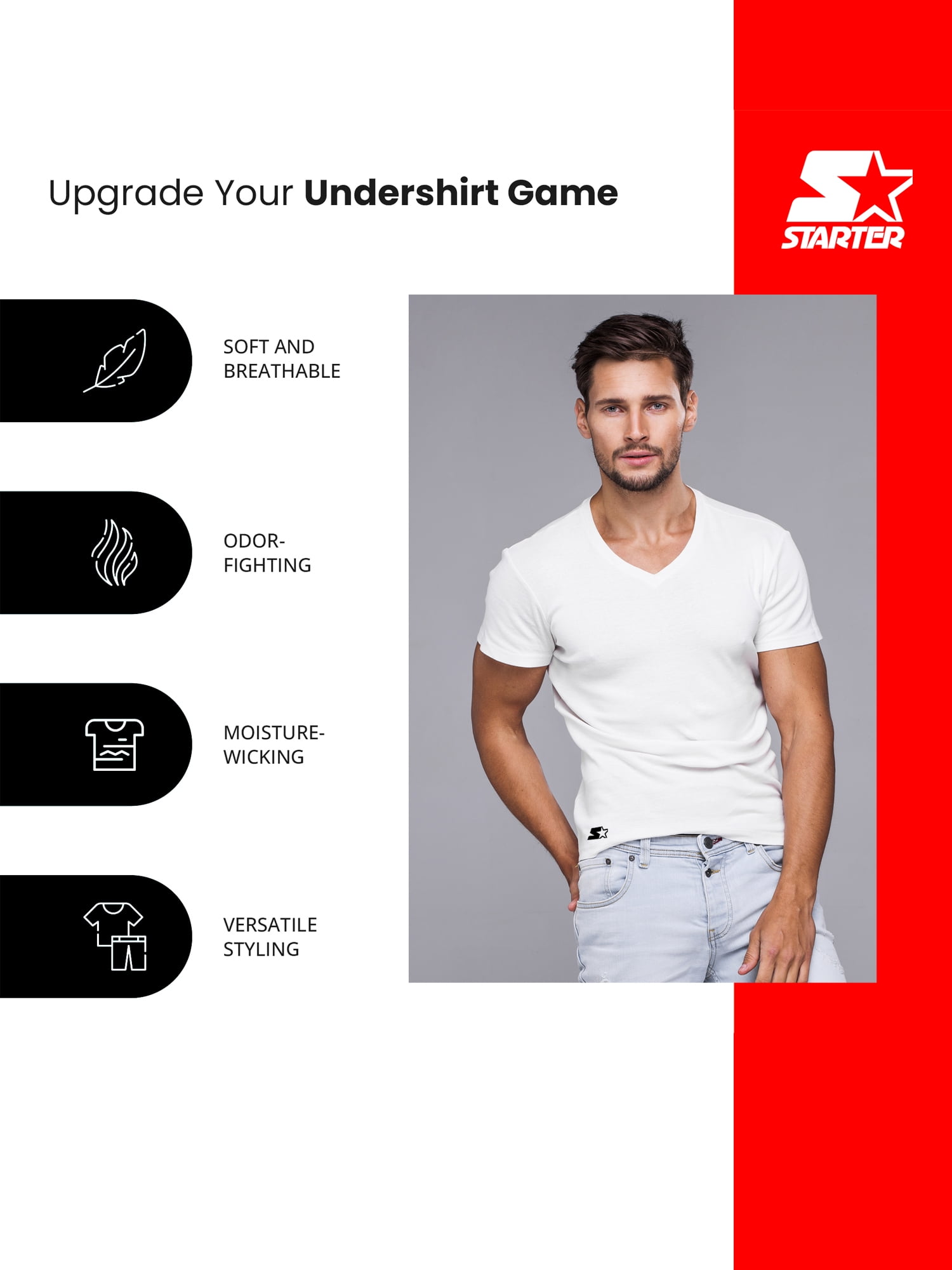 Starter Men's V-Neck Tees with Short Sleeves, 6-Pack
