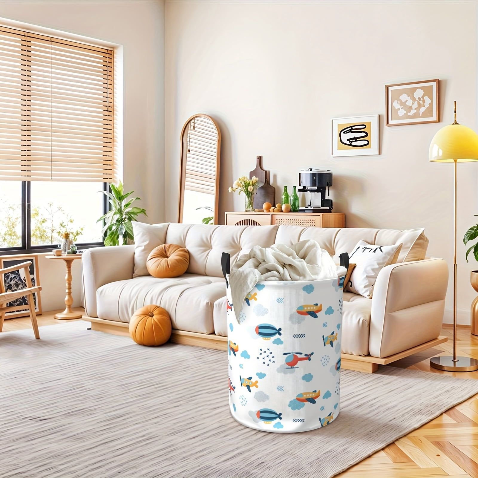 Airplane Hot Air Balloon Printed Storage Basket, Oversized Foldable Laundry Basket, Foldable and Handleable Round Laundry Basket, for Bedroom/bathroom Toys, Laundry Basket