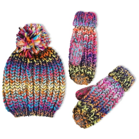 Chunky Knit Winter Beanie Hat And Matching Cuffed Mitten Set Big Girls 7 14