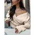 thumbnail image 4 of Women'S V Neck Wrap Sweater Long Lantern Sleeve Cinched Waist Crop Tops Fall Knitwear Wheat Color M, 4 of 9
