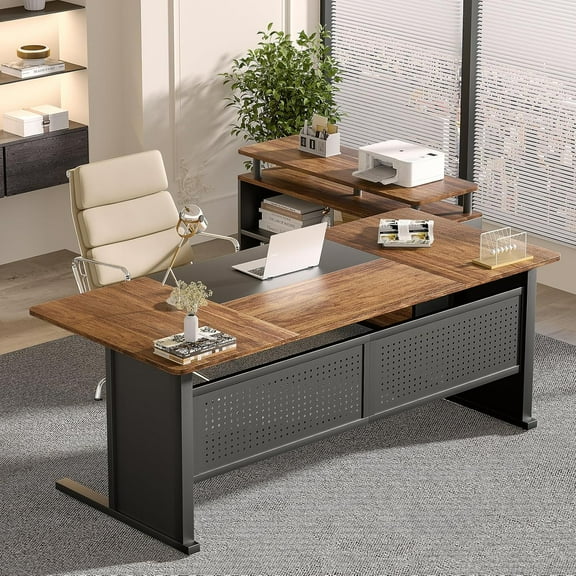 62.99'' Executive Office Desk,L-Shaped Office Desk with File Drawer, Large Writing Desk with Storage Shelves and Printer Stand, Home Office Furniture in Dark Brown