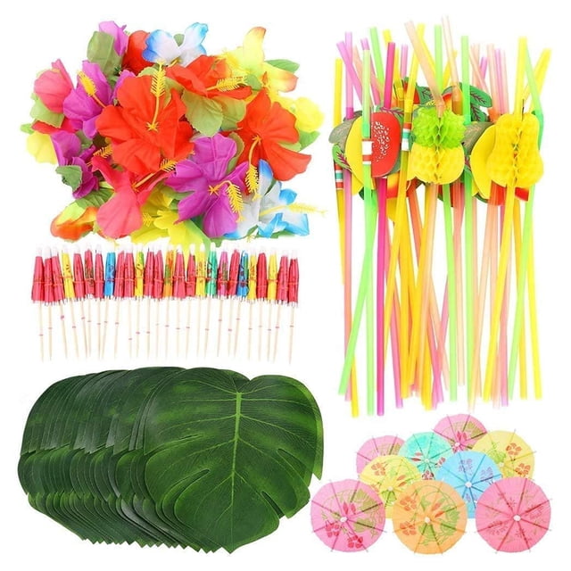 Juego de 108 piezas de decoración para fiesta tropical hawaiana con hojas, flores y sombrillas para fiesta hawaiana con temática de playa.