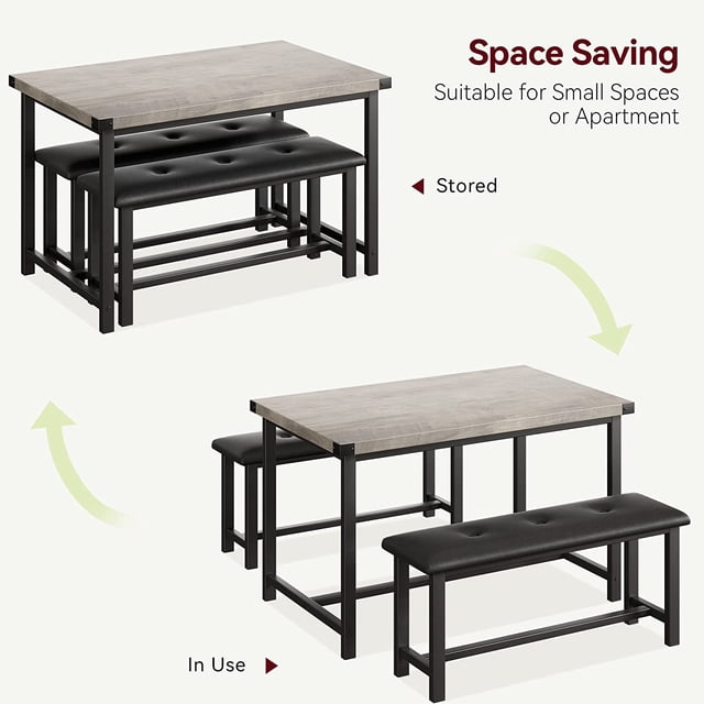 Historyli Juego de mesa de comedor para 4 personas,mesa de cocina con bancos,mesa de comedor rectangular con 2 bancos tapizados en rojo,juego de mesa de comedor de 3 piezas para espacios pequeños