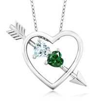 Gem Stone King 925 Sterling Silver Sky Blue Aquamarine and Green Simulated Emerald Heart and Arrow Pendant Necklace for Women (0.73 Cttw, with 18-inch Chain)