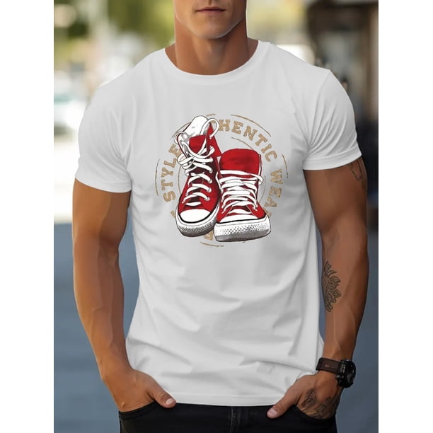 Canvas shoe pattern printed men's creative top, casual short-sleeved round neck T-shirt, summer outdoor men's wear