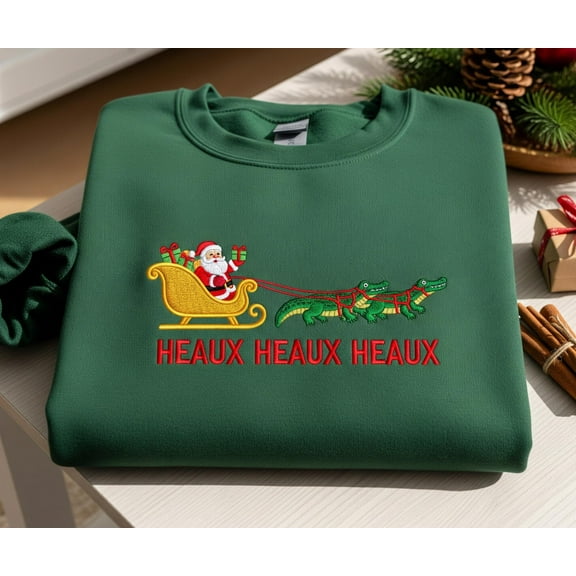Cajun Christmas Alligator Embroidered Sweatshirt | Funny Santa Sleigh Holiday Sweater, Heaux Heaux Heaux Crewneck Gift for Women
