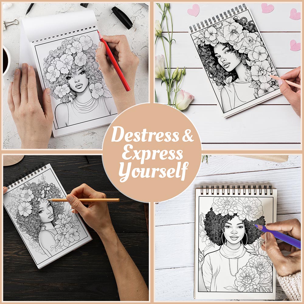 Netecom Black Women Flowers Coloring Book Spiral Bound For Adults, A5 Wooden Cover, 30 Elegant Coloring Pages in Beautiful Floral Portraits for Stress Relief and Relaxation