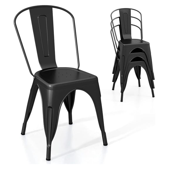 Metal Dining Chairs Set of 4, Farmhouse Kitchen Chairs with Removable Backrest, Space-Saving Stackable Bistro Cafe Side Chairs for Dining Room, Living Room, Restaurant (Black)