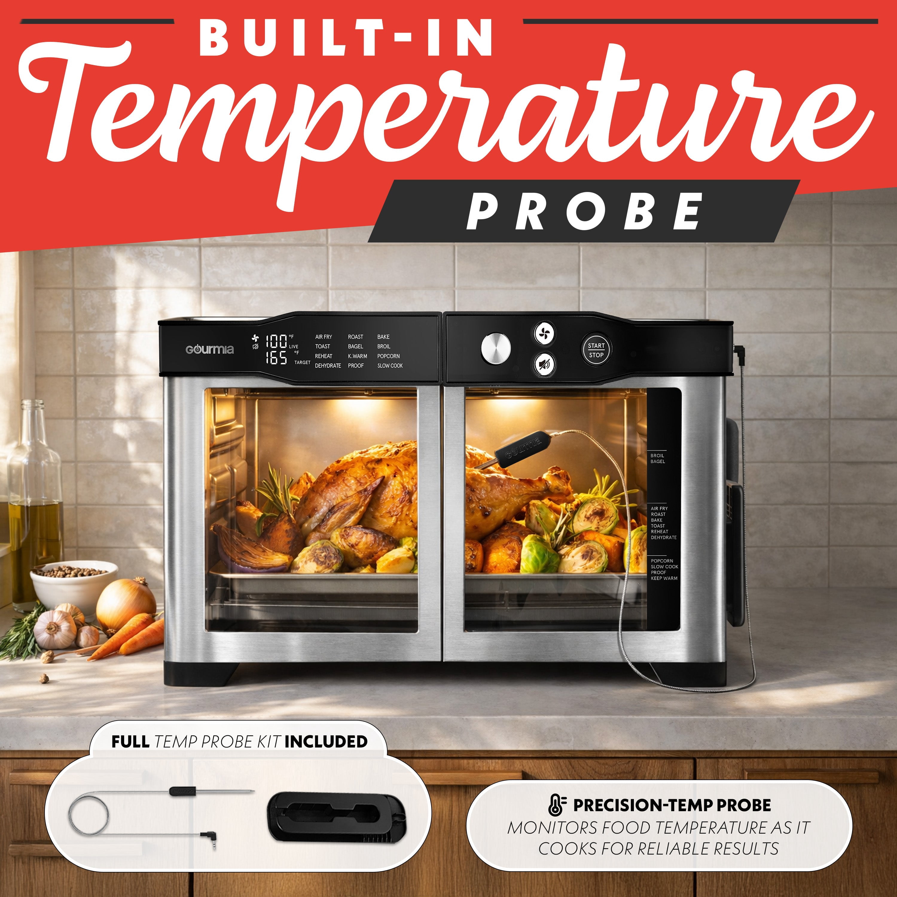 Gourmia Toaster Oven - 6-Slice French Door Digital Air Fryer with Temperature Probe, Stainless Steel
