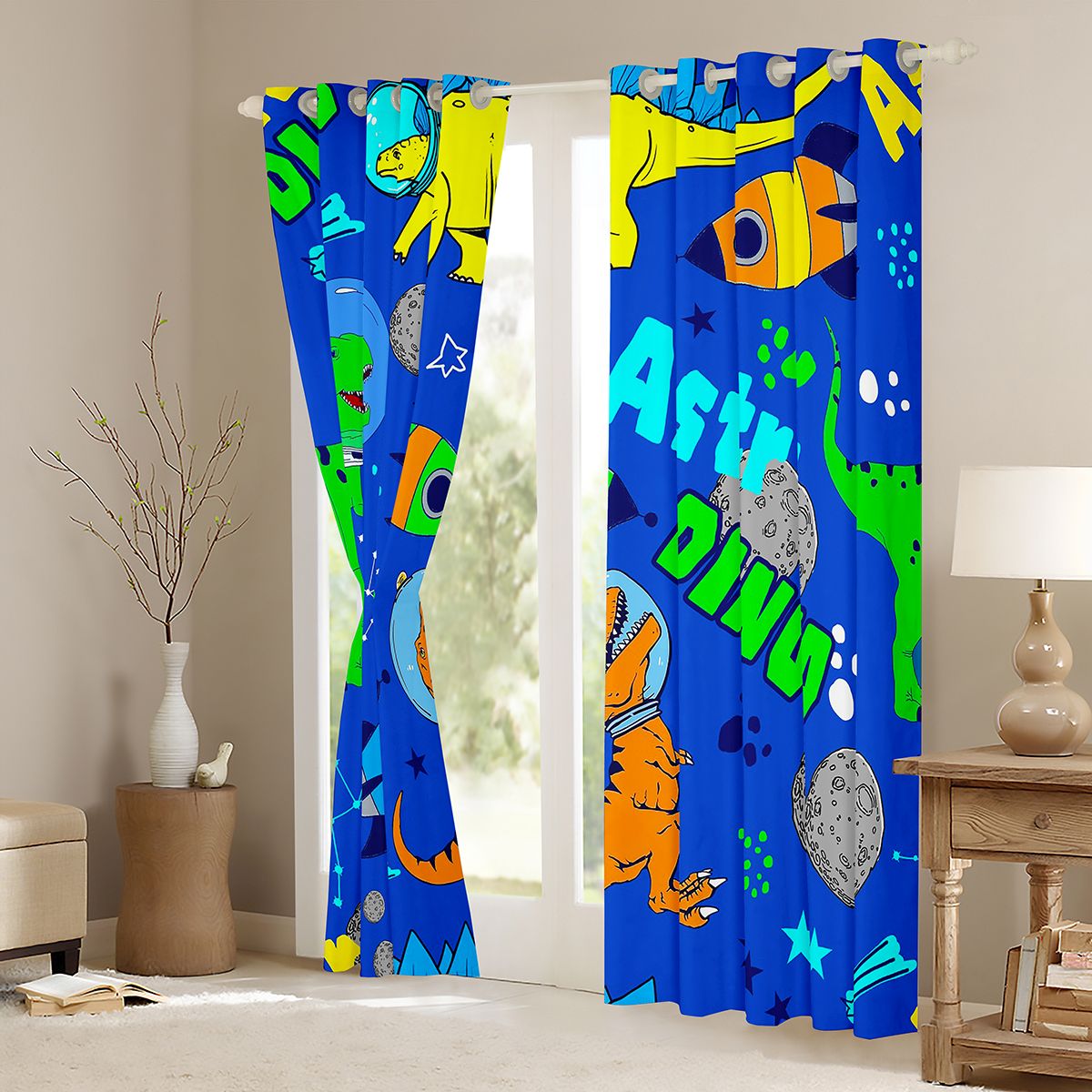 Manfei Cute Dino Dinosaur Black Out Curtains,Cartoon Rocket Planet Curtains Pack of 2 (42x63 Each),Blue Orange Gray Bedroom Curtains For Boys Teens,Super Cozy Room Decor
