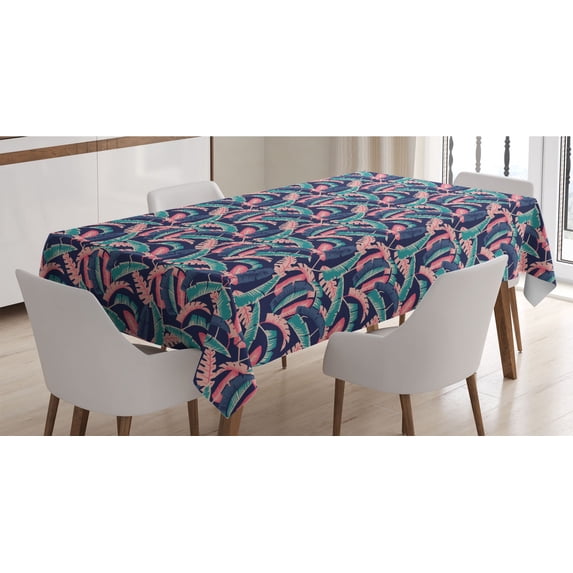 Tropical Tablecloth, Hawaiian Exotic Banana Leaves Pattern, Rectangle Satin Table Cover Accent for Dining Room and Kitchen, 60" X 90", Dark Lavender Pale Pink, by Ambesonne
