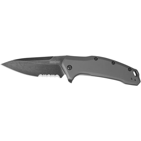 Kershaw Link Gray Aluminum Folding Pocket Knife (1776GRYBWST); 3.25” 420HC Stainless Steel Blade with Blackwash Finish, 2-Step Serration, SpeedSafe Opening, Liner Lock, Reversible Pocketclip; 4.8 OZ.