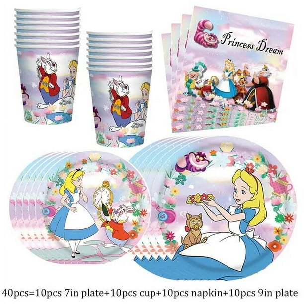 Suministros de fiesta de Alicia en el país de las maravillas para 10 personas, juego de vajilla de cumpleaños, placa, pegatinas de globo con conejo, decoración de gato de Cheshire