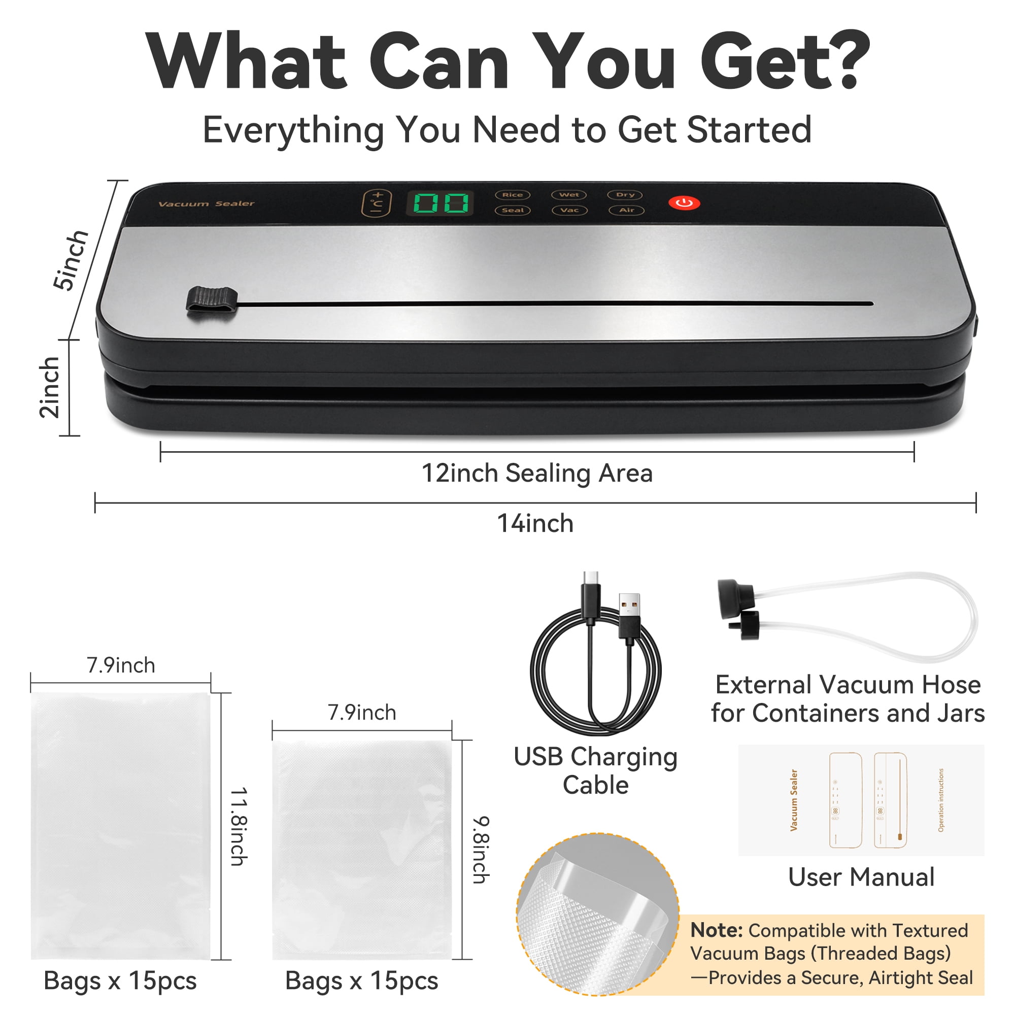 Food Vacuum Sealer Machine with 30 Vacuum Bags, 6 in 1 Rechargeable Vacuum Sealer with Dry & Moist Food Modes, Built-in Cutter, Detachable, Compact Food Sealer for Kitchen Travel Fridge Meal Prep