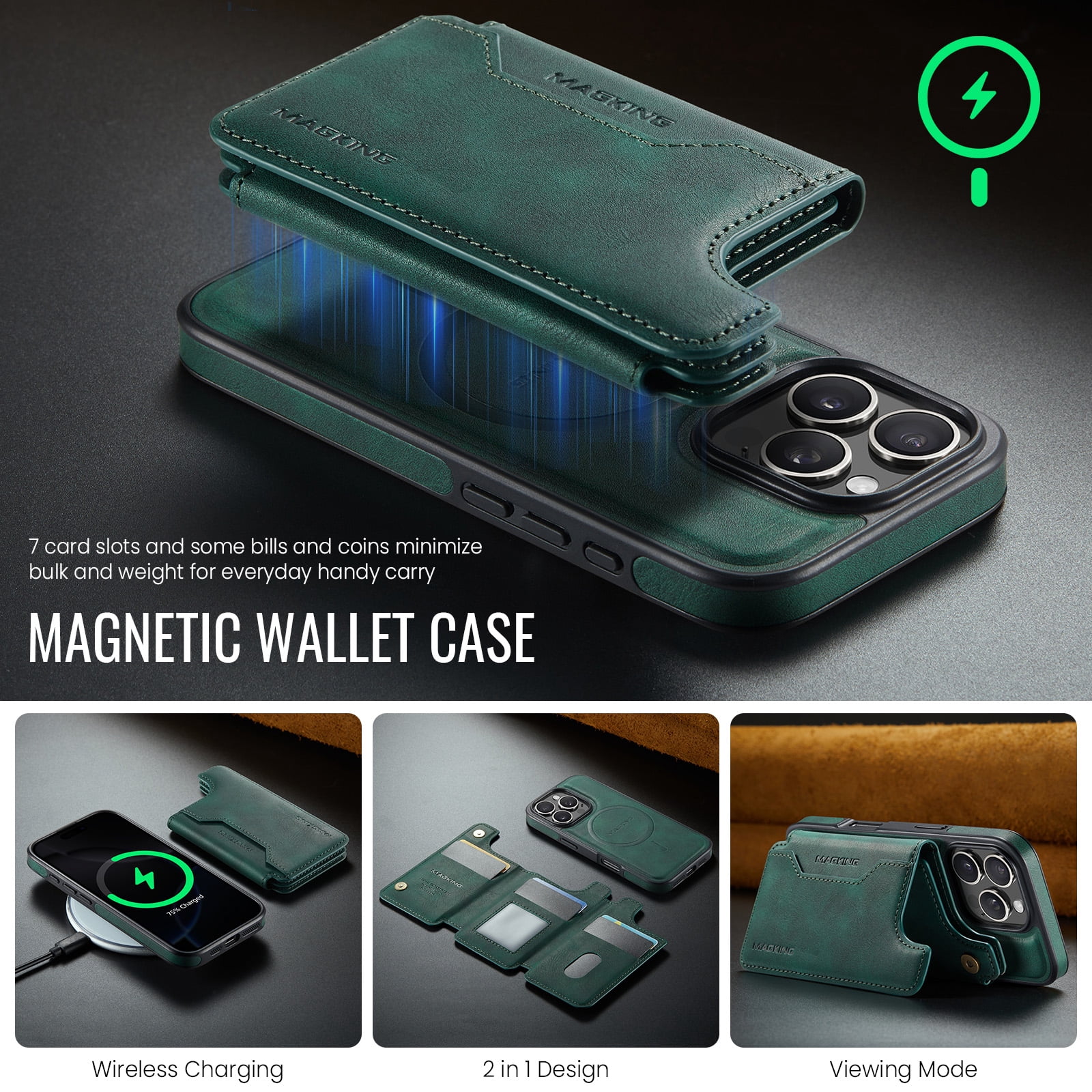 Designed for iPhone 16 Pro Max Wallet Phone Case,Magnetic Detachable Flip Card Holder,Back Flip Kickstand,Compatible with Mag-Safe,2-in-1 PU Leather Heavy Duty Shockproof Phone Case,Green