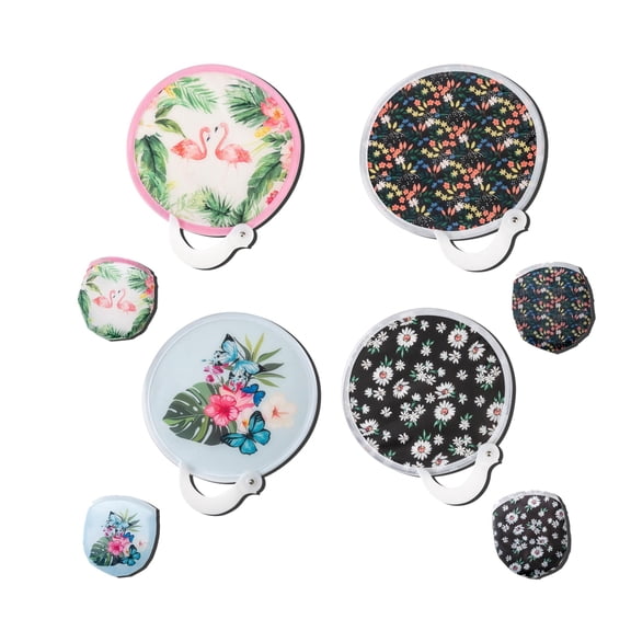 4pcs Pack Foldable Round Hand Fan 9.3 Inch 23.7cm Portable Flying Disc Polyester Fabric with Spring steel Circle and Handle, Summer Cooling Decorative Fan for Party, Wedding & Daily Use