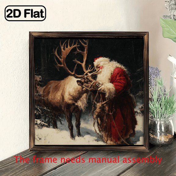 2D Flat, 1pc Vintage Santa Claus Deer Christmas Wall Art - 8x8 Inch Wooden Sign with Frame, Lightweight Polished Finish, Horizontal Square Design for Home Office Decor, Farmhouse Desk Aesthetic Gi